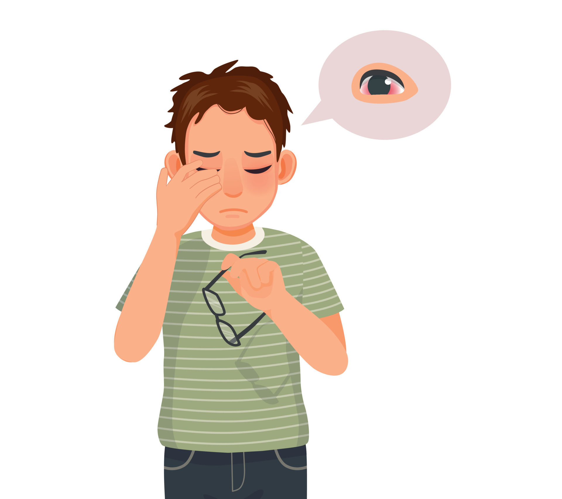 Young man has conjunctivitis or pink eye, sore and swollen eyes because of infection, irritation