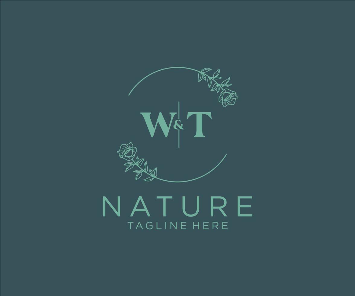 initial WT letters Botanical feminine logo template floral, editable premade monoline logo suitable, Luxury feminine wedding branding, corporate. vector