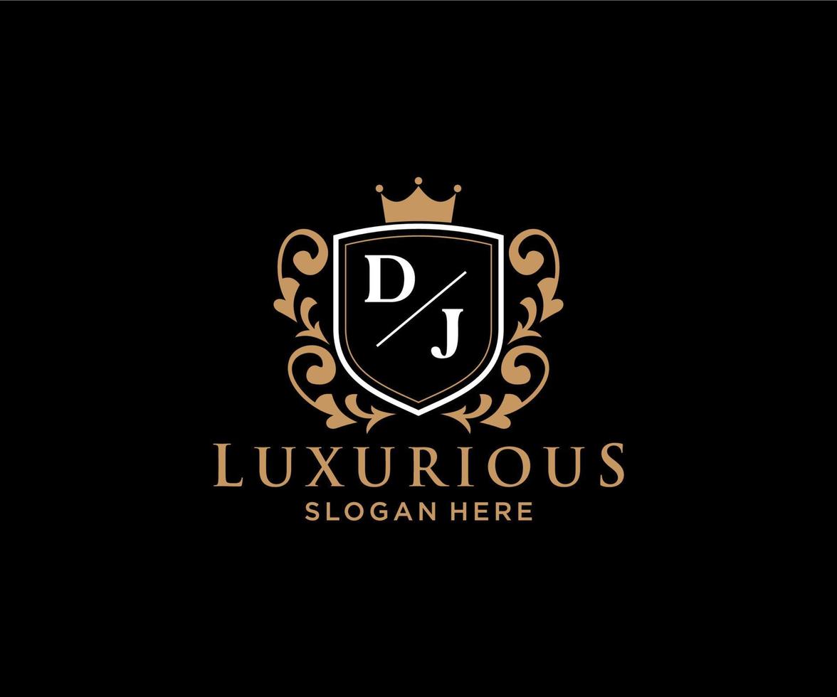 Initial DJ Letter Royal Luxury Logo template in vector art for Restaurant, Royalty, Boutique, Cafe, Hotel, Heraldic, Jewelry, Fashion and other vector illustration.