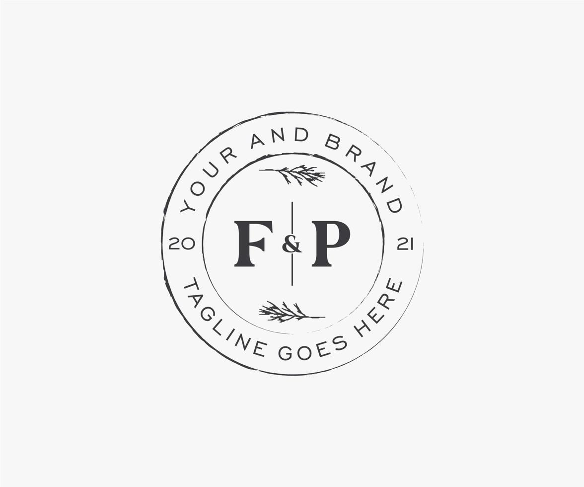 initial FP letters floral frames. Botanical feminine editable premade monoline unique decoration for greeting card, wedding invitation. vector