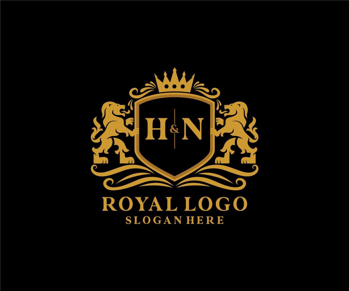 Initial HN Letter Lion Royal Luxury Logo template in vector art for Restaurant, Royalty, Boutique, Cafe, Hotel, Heraldic, Jewelry, Fashion and other vector illustration.