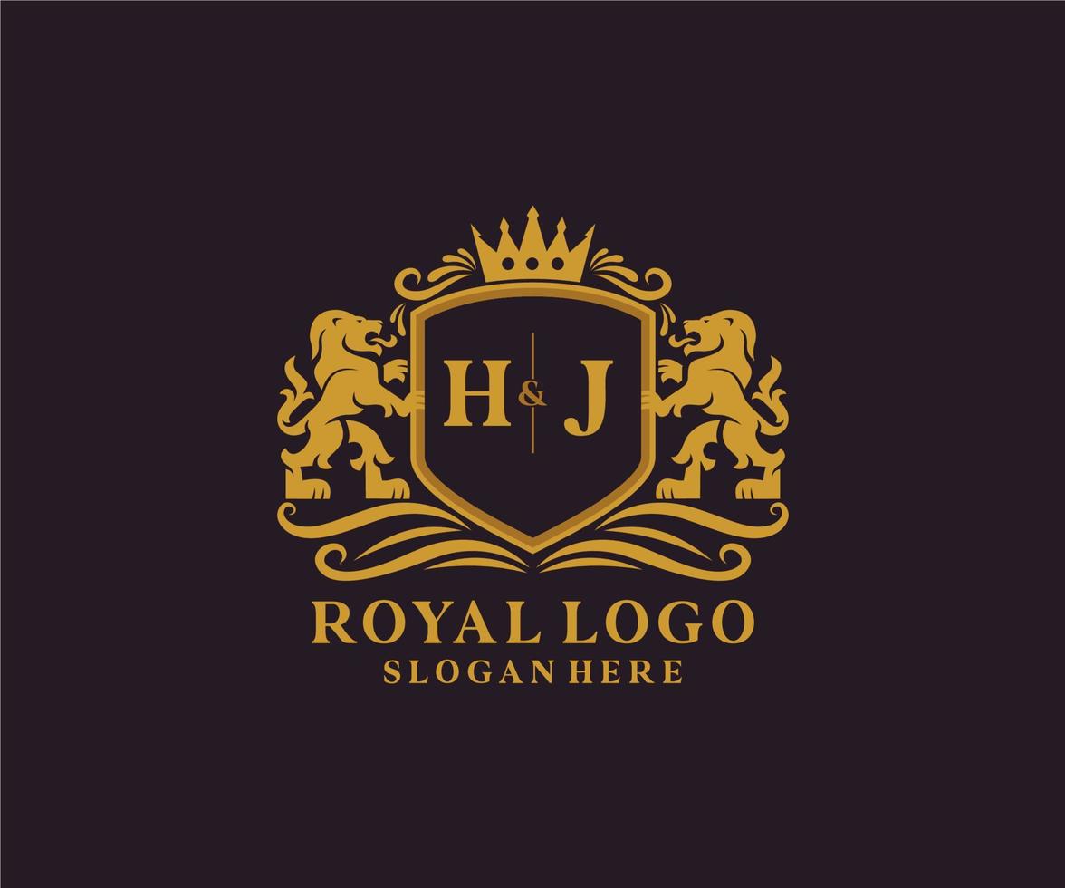 Initial HJ Letter Lion Royal Luxury Logo template in vector art for Restaurant, Royalty, Boutique, Cafe, Hotel, Heraldic, Jewelry, Fashion and other vector illustration.