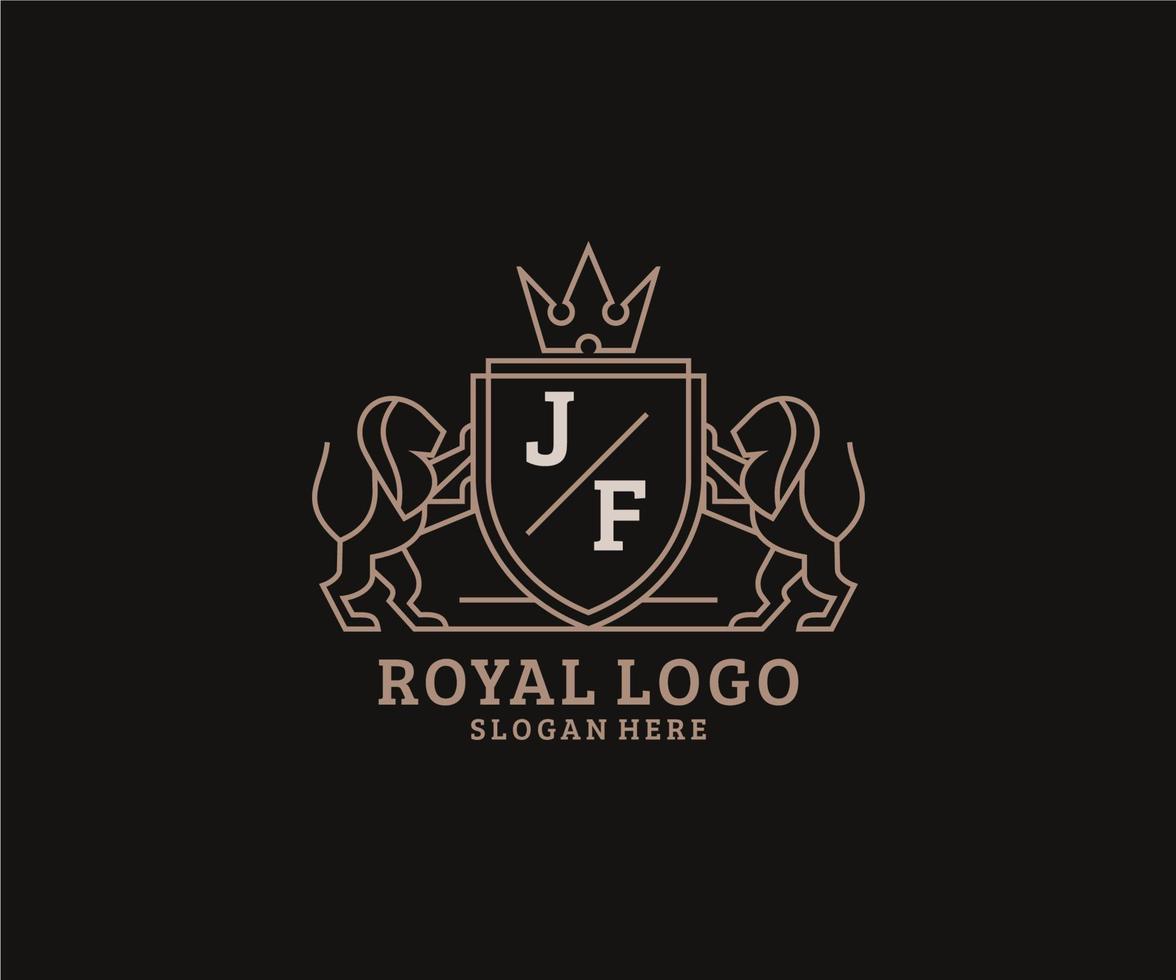 Initial JF Letter Lion Royal Luxury Logo template in vector art for Restaurant, Royalty, Boutique, Cafe, Hotel, Heraldic, Jewelry, Fashion and other vector illustration.