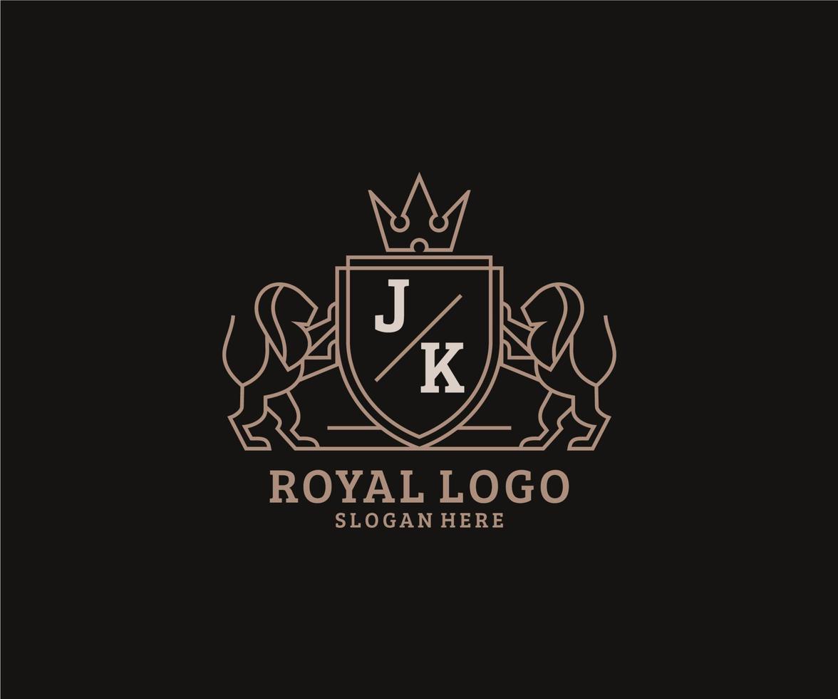 Initial JK Letter Lion Royal Luxury Logo template in vector art for Restaurant, Royalty, Boutique, Cafe, Hotel, Heraldic, Jewelry, Fashion and other vector illustration.