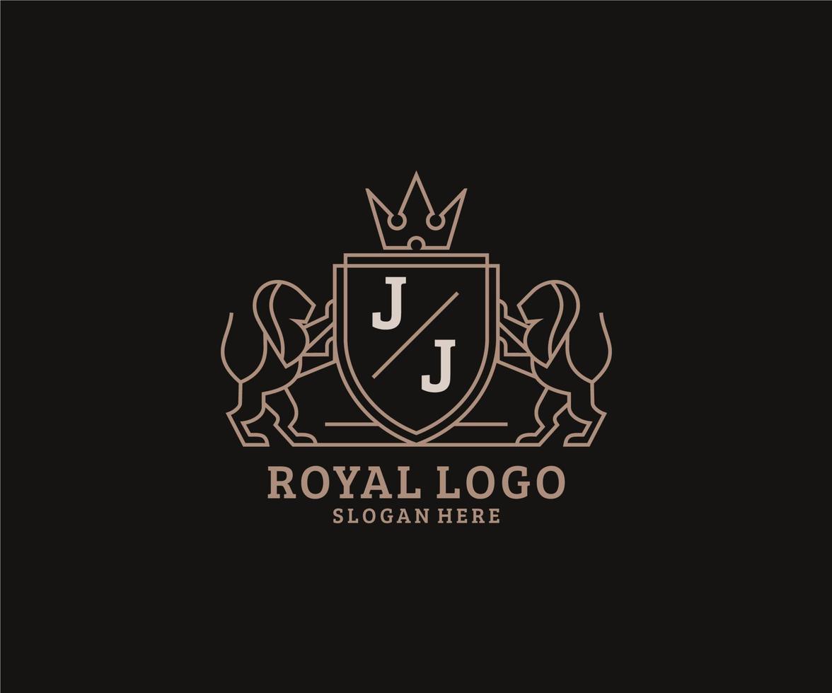 Initial JJ Letter Lion Royal Luxury Logo template in vector art for Restaurant, Royalty, Boutique, Cafe, Hotel, Heraldic, Jewelry, Fashion and other vector illustration.