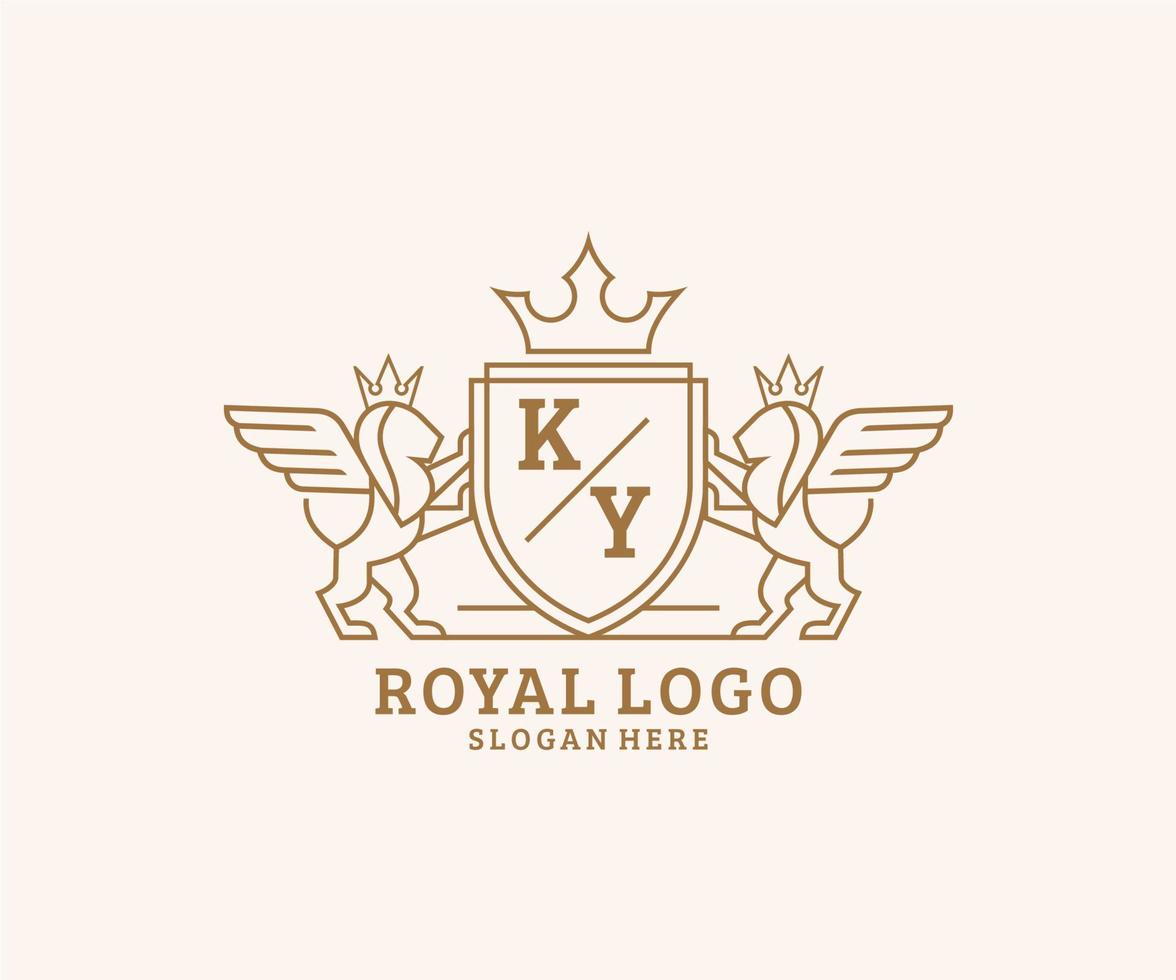 Initial KY Letter Lion Royal Luxury Heraldic,Crest Logo template in vector art for Restaurant, Royalty, Boutique, Cafe, Hotel, Heraldic, Jewelry, Fashion and other vector illustration.