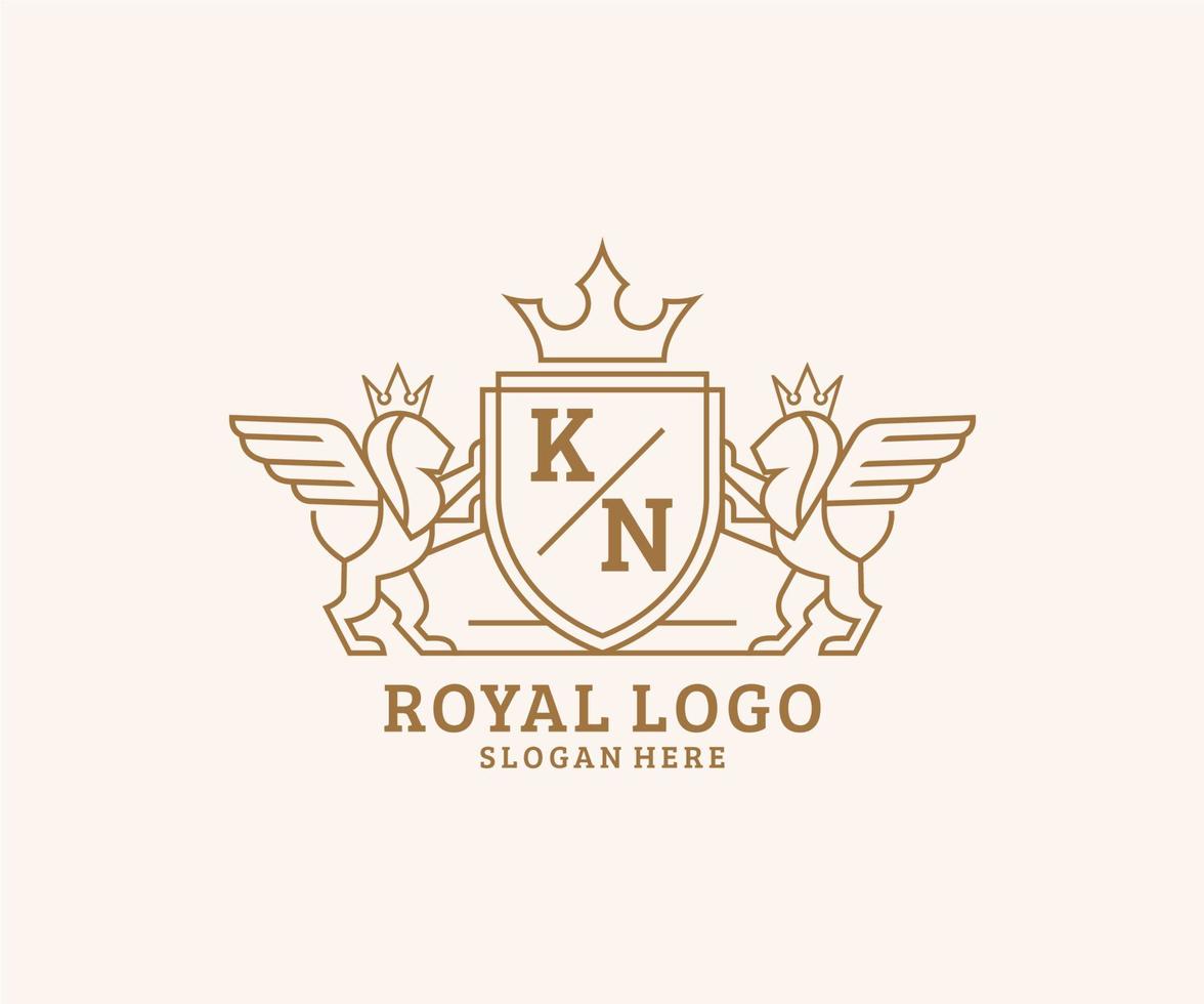 Initial KN Letter Lion Royal Luxury Heraldic,Crest Logo template in vector art for Restaurant, Royalty, Boutique, Cafe, Hotel, Heraldic, Jewelry, Fashion and other vector illustration.