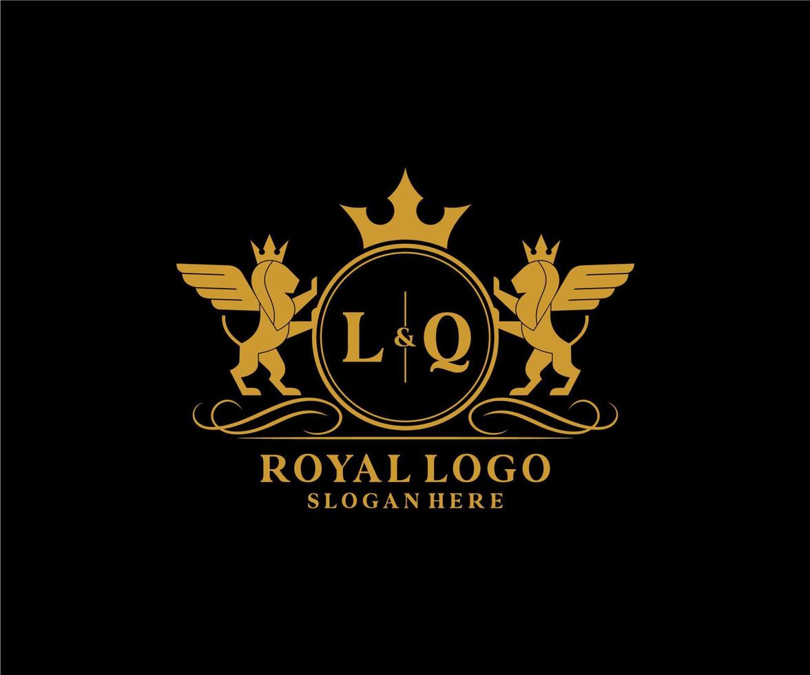 Initial LQ Letter Lion Royal Luxury Heraldic,Crest Logo template in vector art for Restaurant, Royalty, Boutique, Cafe, Hotel, Heraldic, Jewelry, Fashion and other vector illustration.