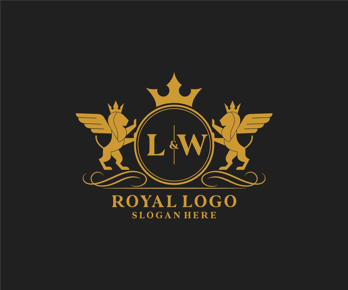 Initial LW Letter Lion Royal Luxury Heraldic,Crest Logo template in vector art for Restaurant, Royalty, Boutique, Cafe, Hotel, Heraldic, Jewelry, Fashion and other vector illustration.