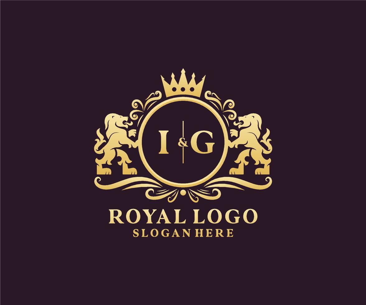 Initial IG Letter Lion Royal Luxury Logo template in vector art for Restaurant, Royalty, Boutique, Cafe, Hotel, Heraldic, Jewelry, Fashion and other vector illustration.