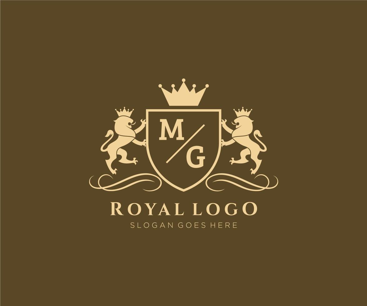 Initial MG Letter Lion Royal Luxury Heraldic,Crest Logo template in vector art for Restaurant, Royalty, Boutique, Cafe, Hotel, Heraldic, Jewelry, Fashion and other vector illustration.