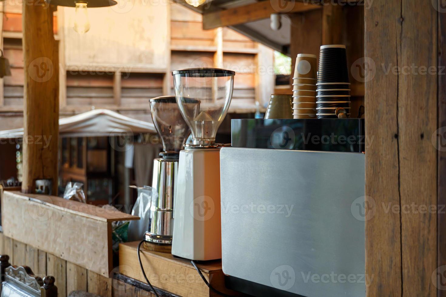 Coffee counter and drink coffee shop the design is chic, vintage style. There is space for placing equipment to make drinks and menus. coffee machine. soft and selective focus. photo