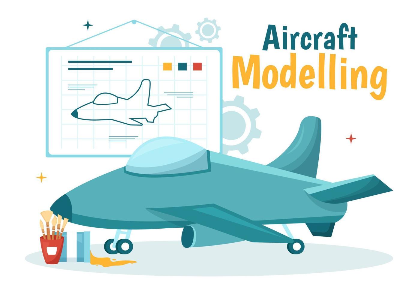 aeronave modelado y elaboración ilustración con montaje o pintura enorme avión modelo en plano dibujos animados mano dibujado aterrizaje página plantillas vector