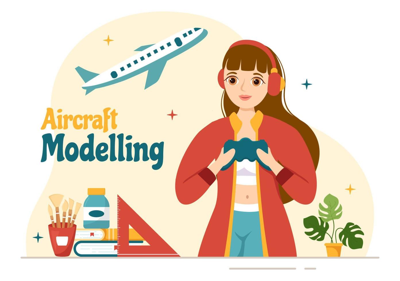 Aircraft Modelling and Crafting Illustration with Assembling or Painting Huge Airplane Model in Flat Cartoon Hand Drawn Landing Page Templates vector