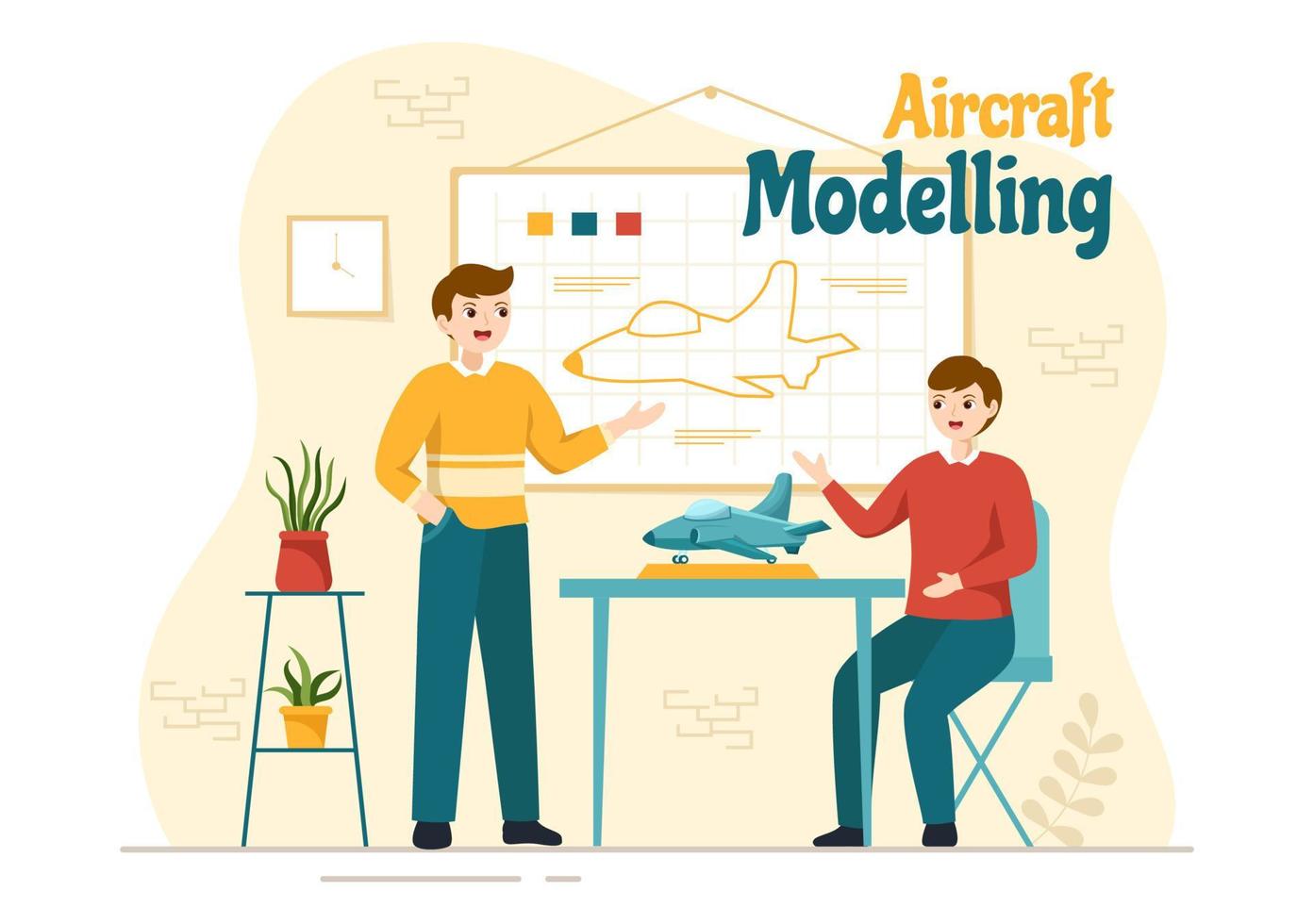 aeronave modelado y elaboración ilustración con montaje o pintura enorme avión modelo en plano dibujos animados mano dibujado aterrizaje página plantillas vector