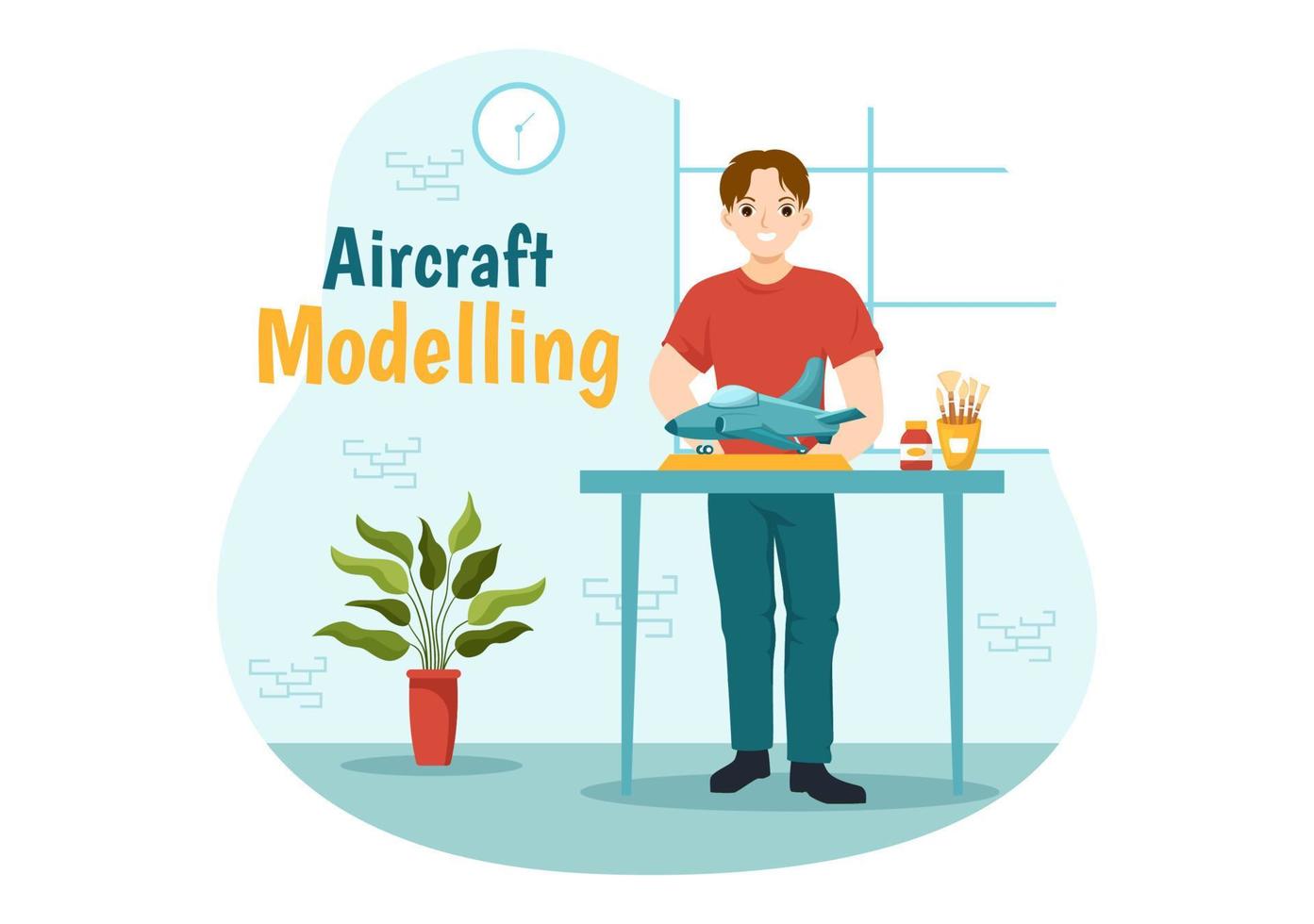 Aircraft Modelling and Crafting Illustration with Assembling or Painting Huge Airplane Model in Flat Cartoon Hand Drawn Landing Page Templates vector