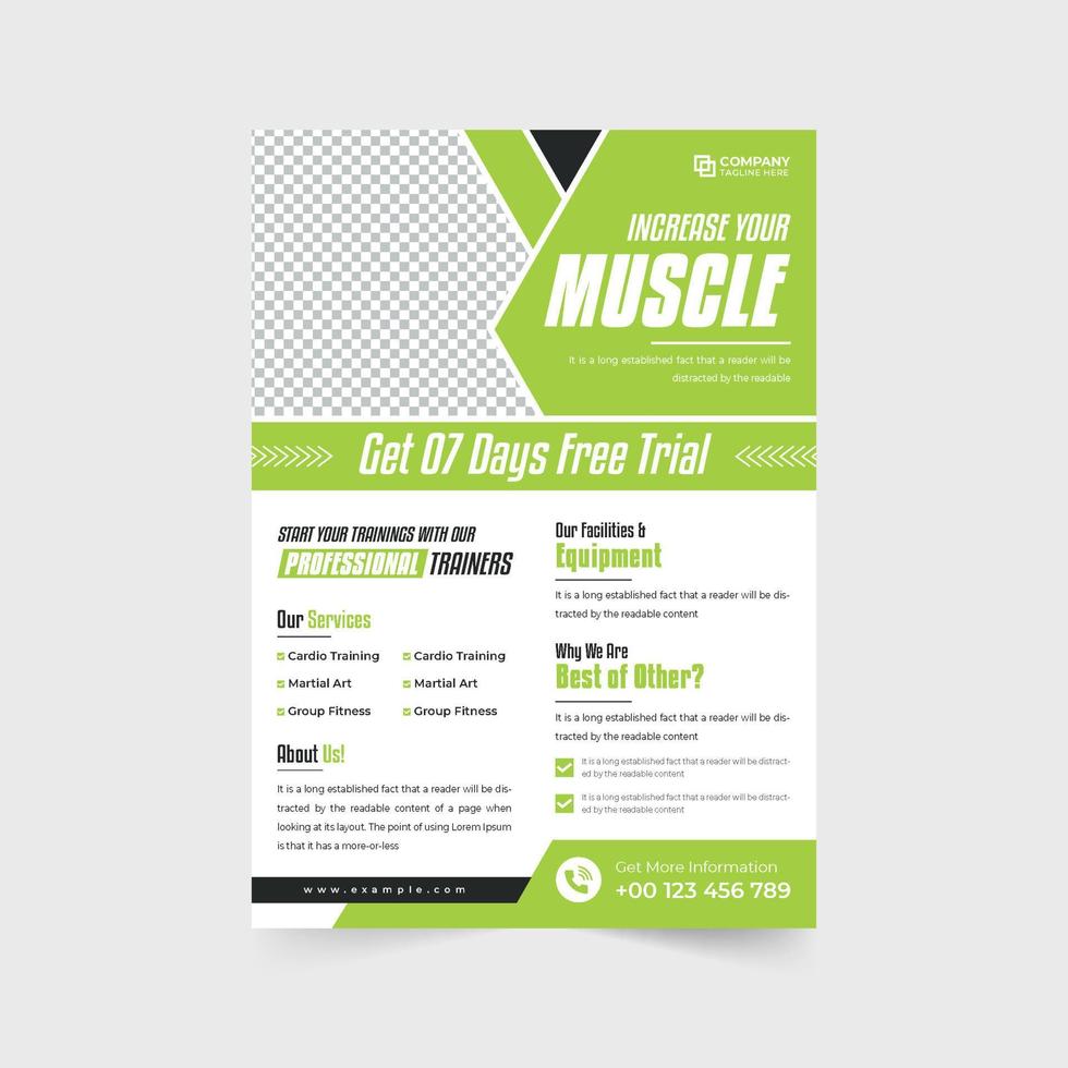 Professional gym training service promotional flyer vector with green and red colors. Fitness and bodybuilding center advertisement poster design with photo placeholders. Gym business marketing flyer.