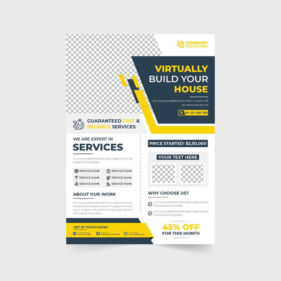 Construction service flyer template vector with discount section and photo placeholders. Home renovation service flyer design with orange and yellow colors. Handyman service promotional poster vector.