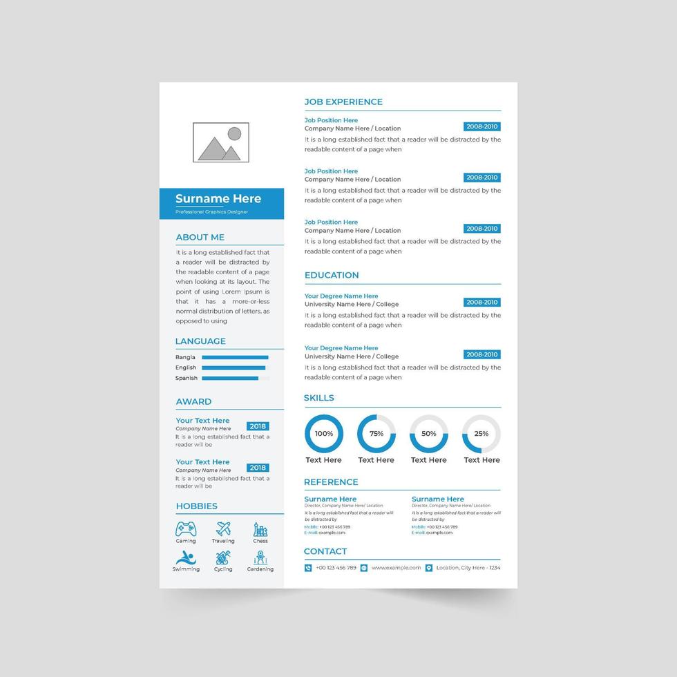 Modern job application layout design for official internship. Company employee resume and CV template vector with photo placeholders. Minimalist CV layout design with dark and blue colors.