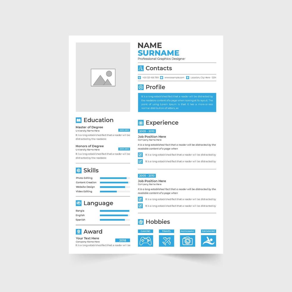 Professional job application and CV attachment template vector with photo placeholders. Corporate resume and CV layout design with red and blue colors. Minimal office resume template for employees.