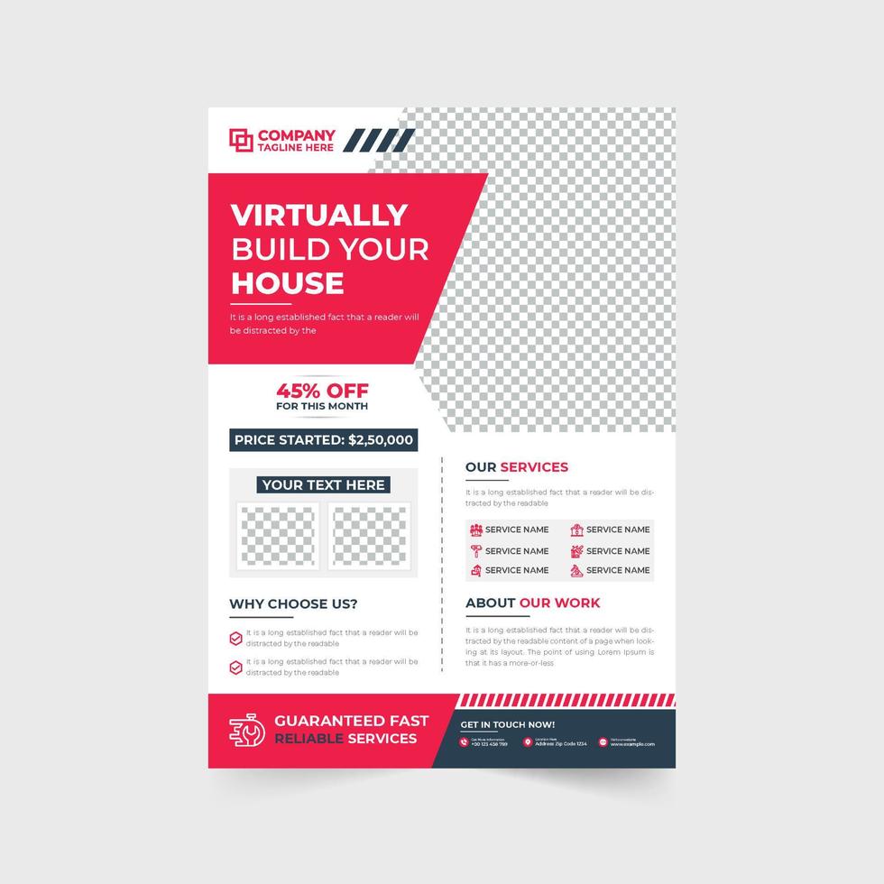 Home making business flyer layout design for marketing. House maintenance and repair service promotional web banner and poster vector with red and yellow colors. Real estate home construction business