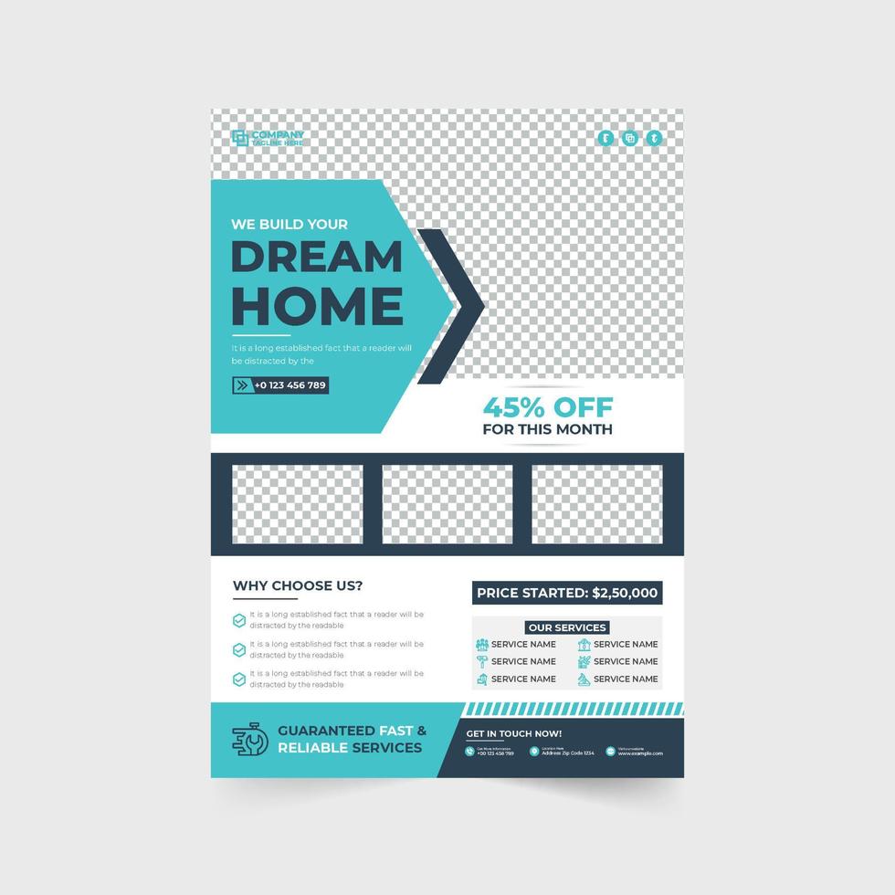 Home construction and renovation service promotional web banner and poster design with yellow and aqua colors. House renovation flyer design with photo placeholders. Real estate home making business. vector