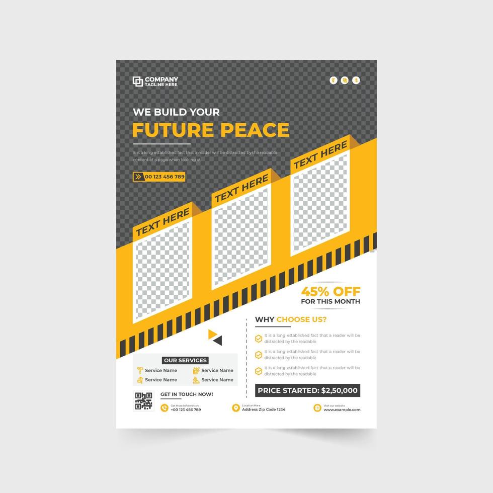 Construction flyer design with yellow and aqua colors. Modern home maintenance service advertisement banner and poster vector with photo placeholders. Handyman service promotional flyer design.