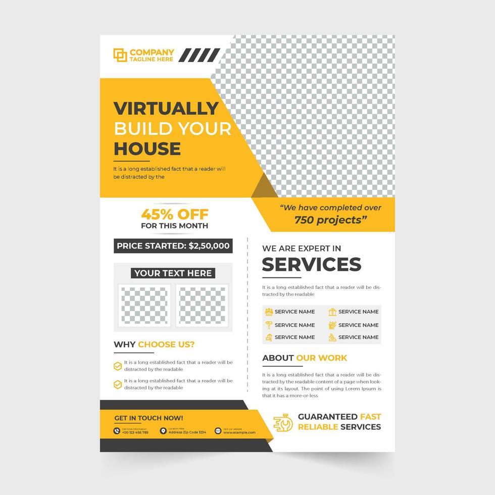 Professional home renovation and house making business flyer vector. Modern real estate business advertisement template design with orange and yellow colors. Construction service poster and flyer. vector