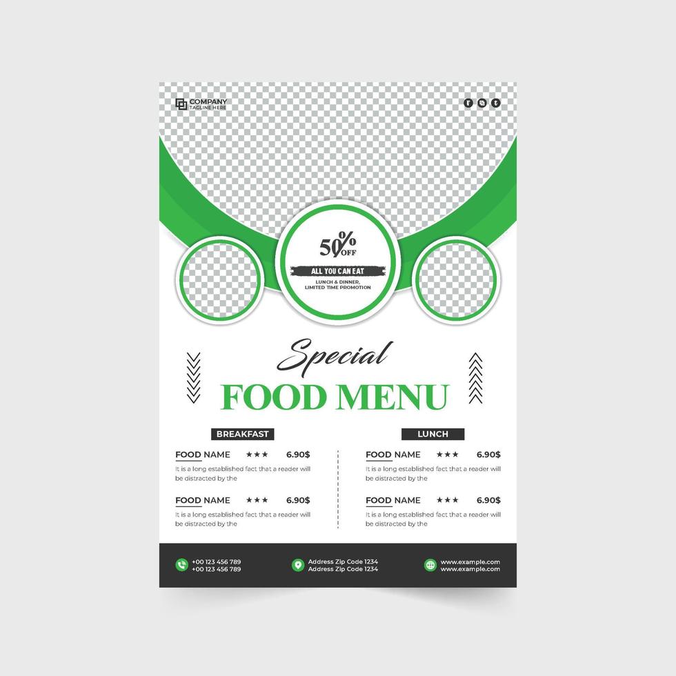 Organic food menu and restaurant flyer design with green and dark colors. Special restaurant promotional template vector with photo placeholders. Creative restaurant flyer and poster design.
