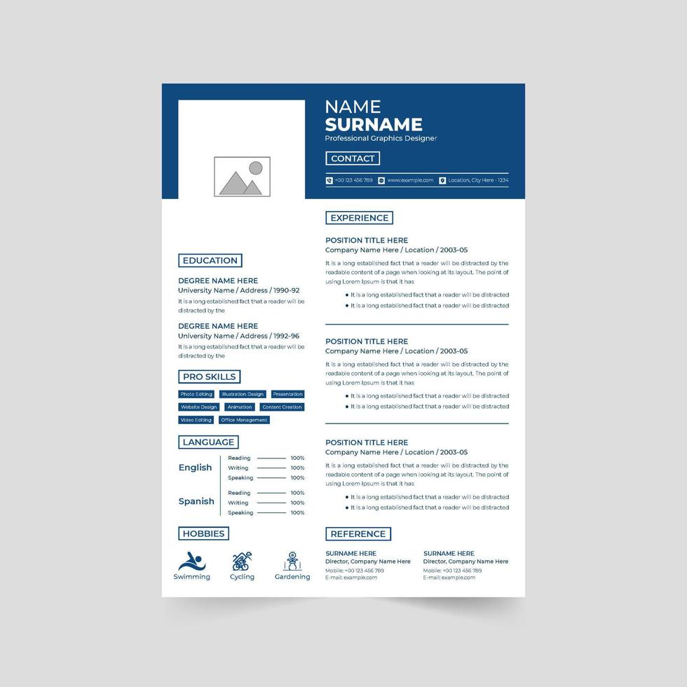 Simple CV template vector with photo placeholders and job experience sections. Modern office job application resume layout design with dark and blue colors. Company intern CV template vector.
