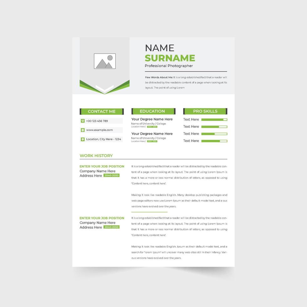 Professional employee CV and profile layout vector with green and dark colors. Employment resume template design with a cover letter. Modern CV layout and portfolio template with photo placeholders.