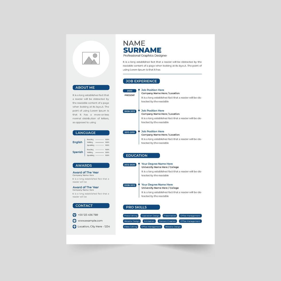 Professional job experience and skills resume template for company intern applications. Minimal CV and resume layout vector with blue and dark colors. Creative resume template with photo placeholders.