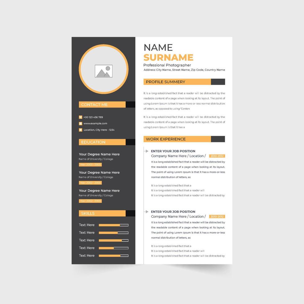 profesional CV modelo vector con amarillo y oscuro colores. moderno trabajo solicitud y cubrir letra diseño con foto marcadores de posición corporativo currículum y portafolio diseño vector para un oficina trabajo.