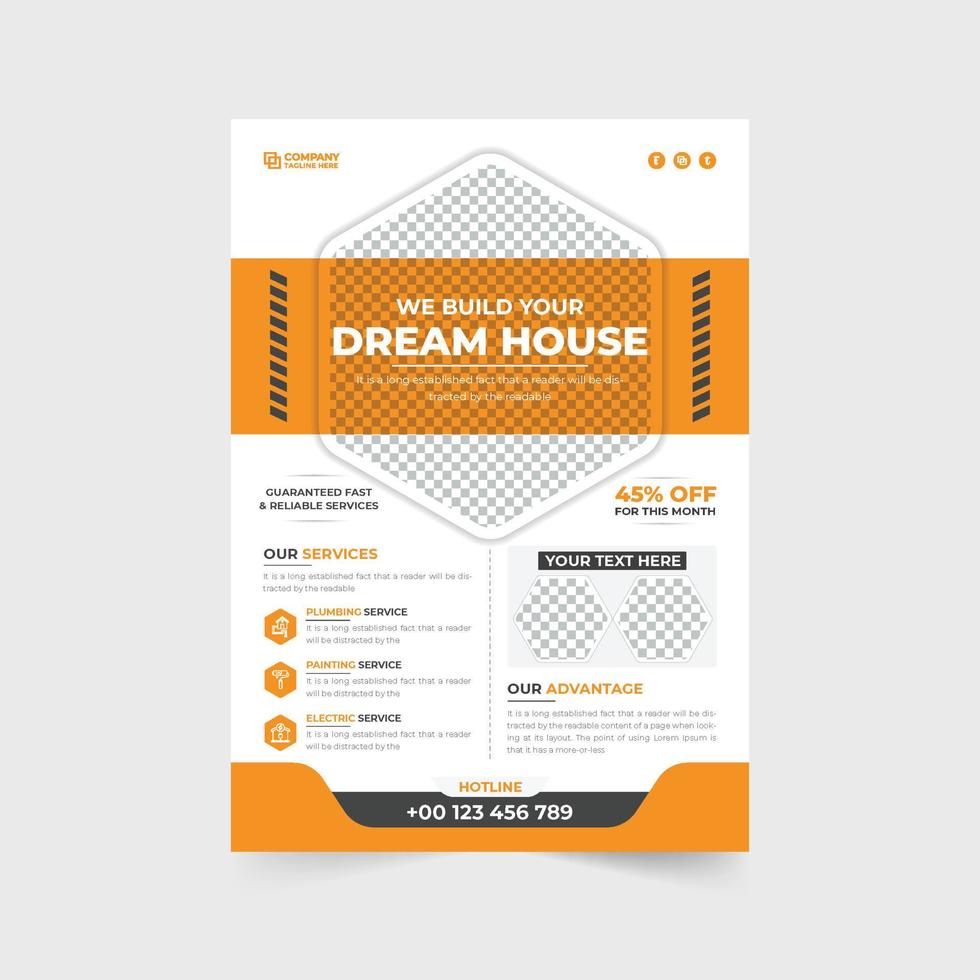 Real estate construction service promotional flyer design with orange and blue colors. Modern construction business advertisement template vector with photo placeholders. Home repair service poster.