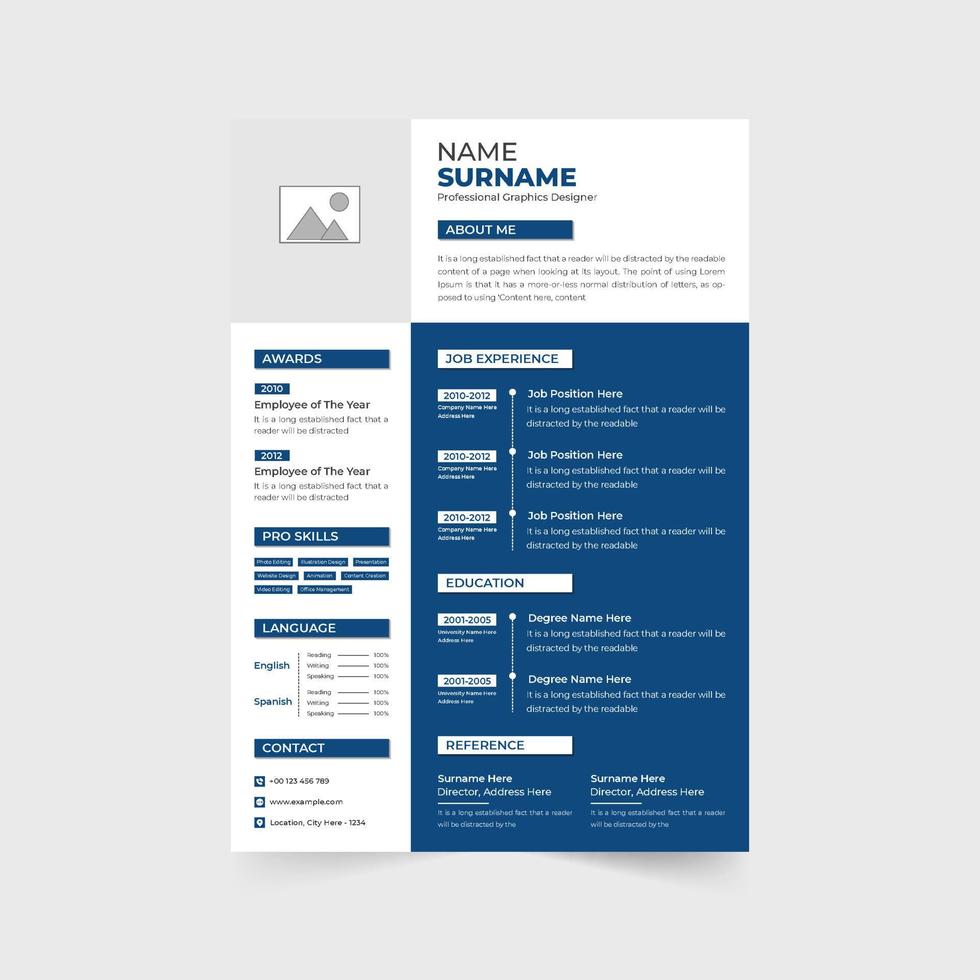 Company intern resume template design with employee experience and skill section. Modern official resume template vector with blue and dark colors. Creative CV layout design for job applications.