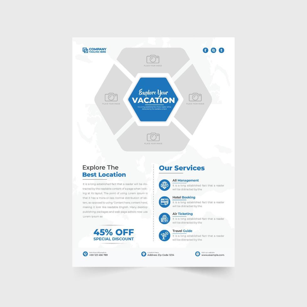 Tour and travel promotional flyer design with photo placeholders. Creative vacation planner agency template with blue and orange colors. Touring group advertisement poster and leaflet design. vector
