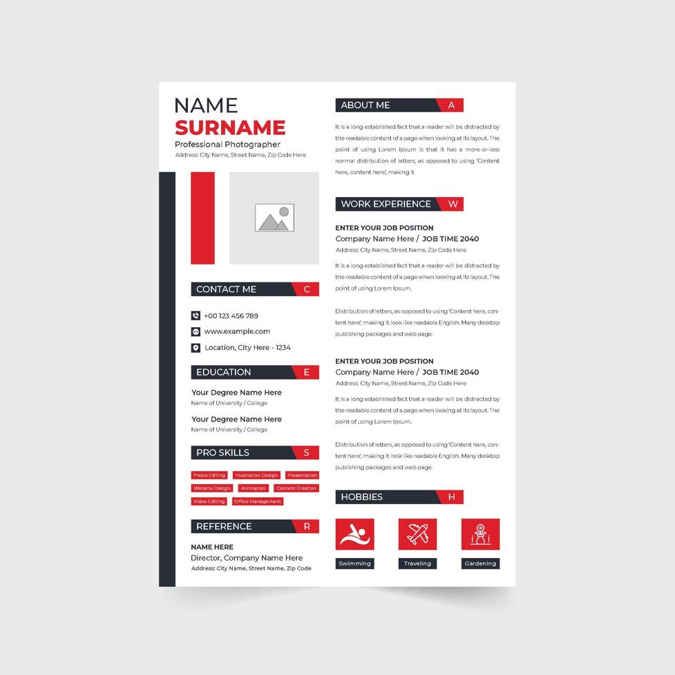 Creative employee resume, cover letter, and portfolio layout vector with red and dark colors. Modern office employment application template vector. Professional resume and CV template design.