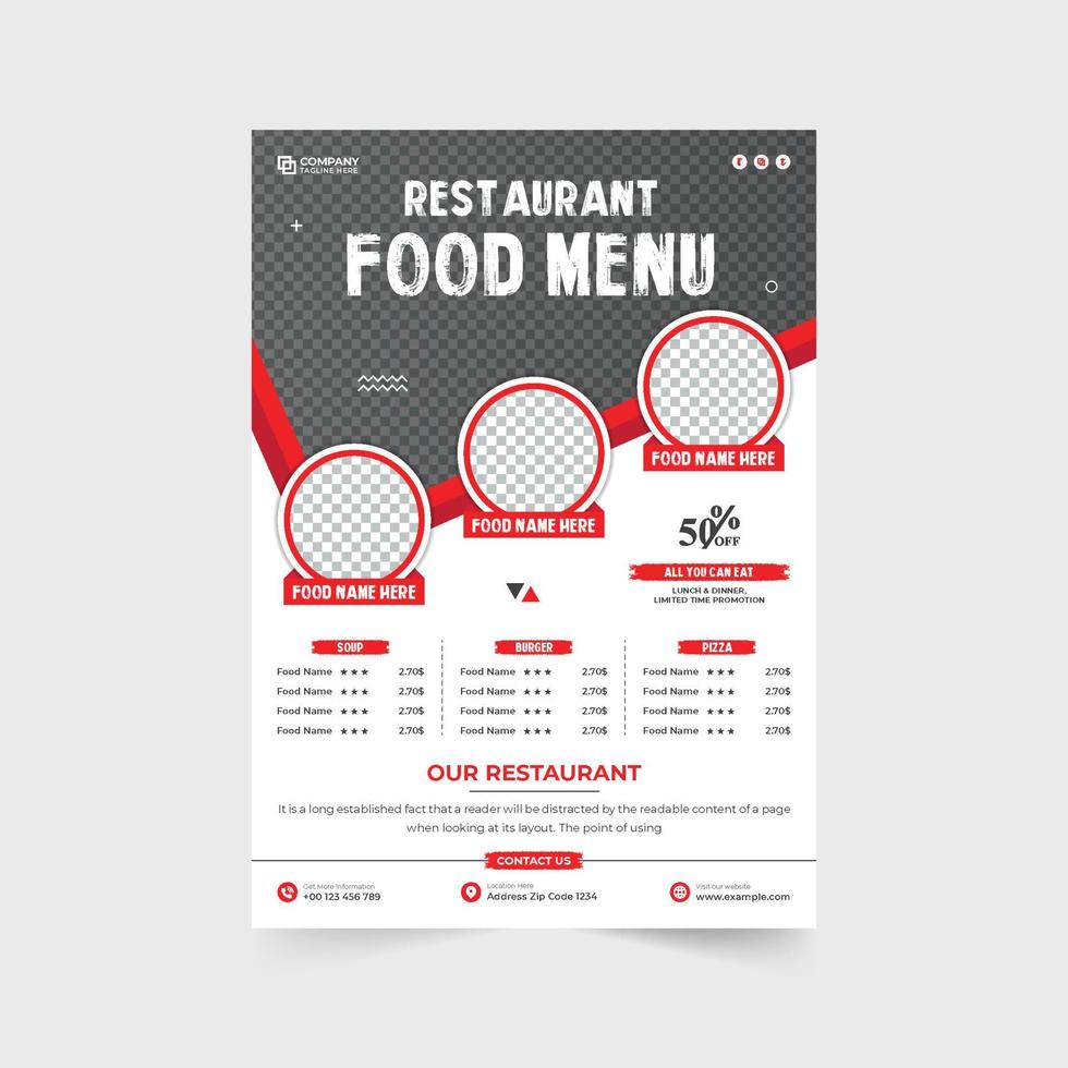 Restaurant flyer decoration with a food menu and discount offer section. Restaurant poster design with photo placeholders. Food menu flyer template vector with yellow and red colors.