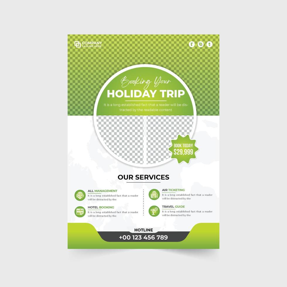 Holiday trip planner agency advertisement flyer vector with photo placeholders. Vacation planner business promotional leaflet and poster vector. Tour and travel flyer design with green and blue colors