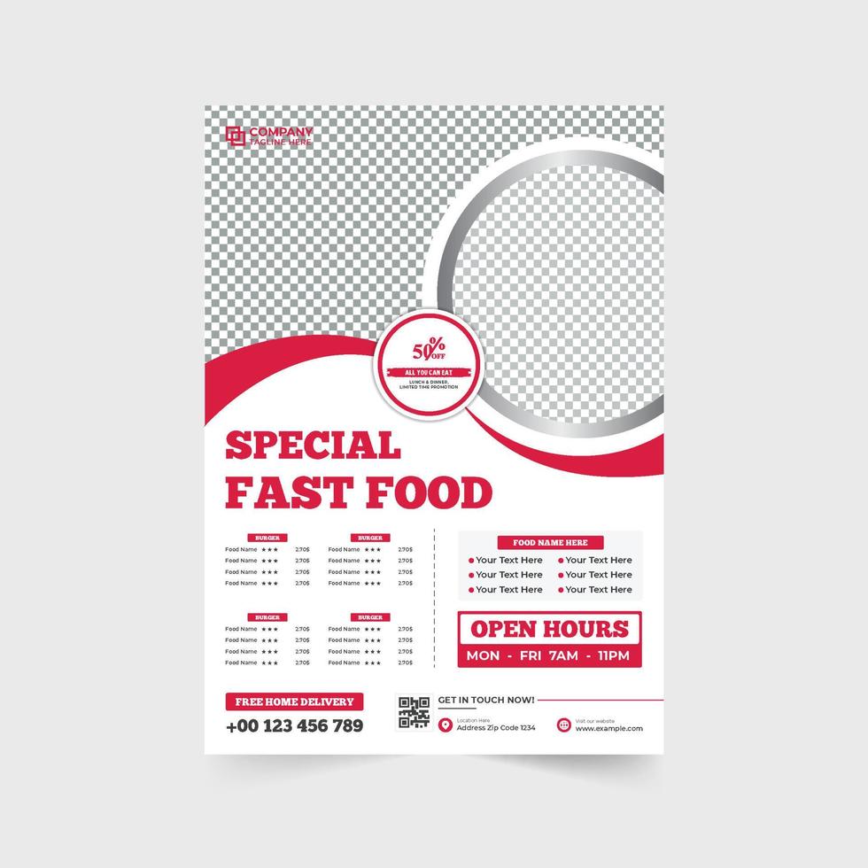 Modern restaurant flyer template for advertisement and marketing. Food menu banner and poster vector with red and yellow colors. Restaurant business promotion flyer template design.