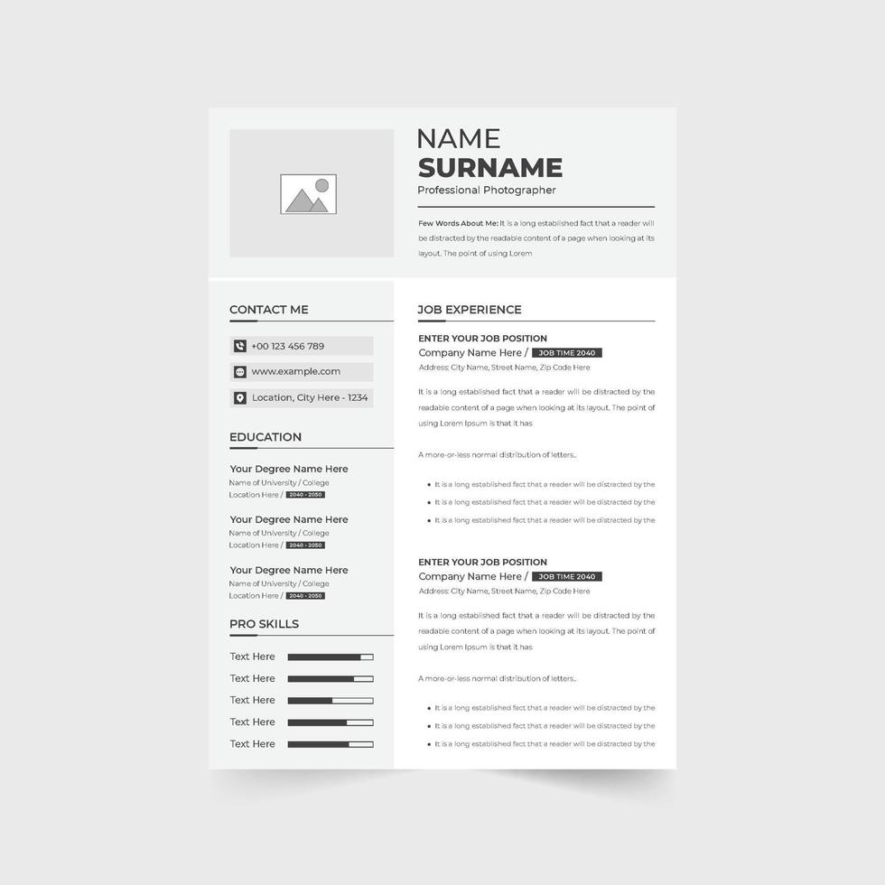 Corporate CV and resume template vector with photo placeholders. Simple office application and cover letter design with dark color. Employee portfolio and resume template vector for an office job.