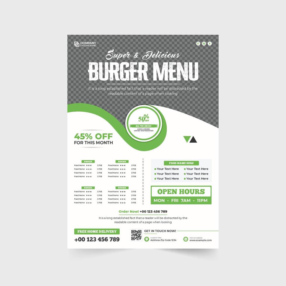 Culinary food menu promotional flyer template with red and green colors. Modern restaurant food menu advertisement template vector with photo placeholders. Restaurant flyer and poster design.