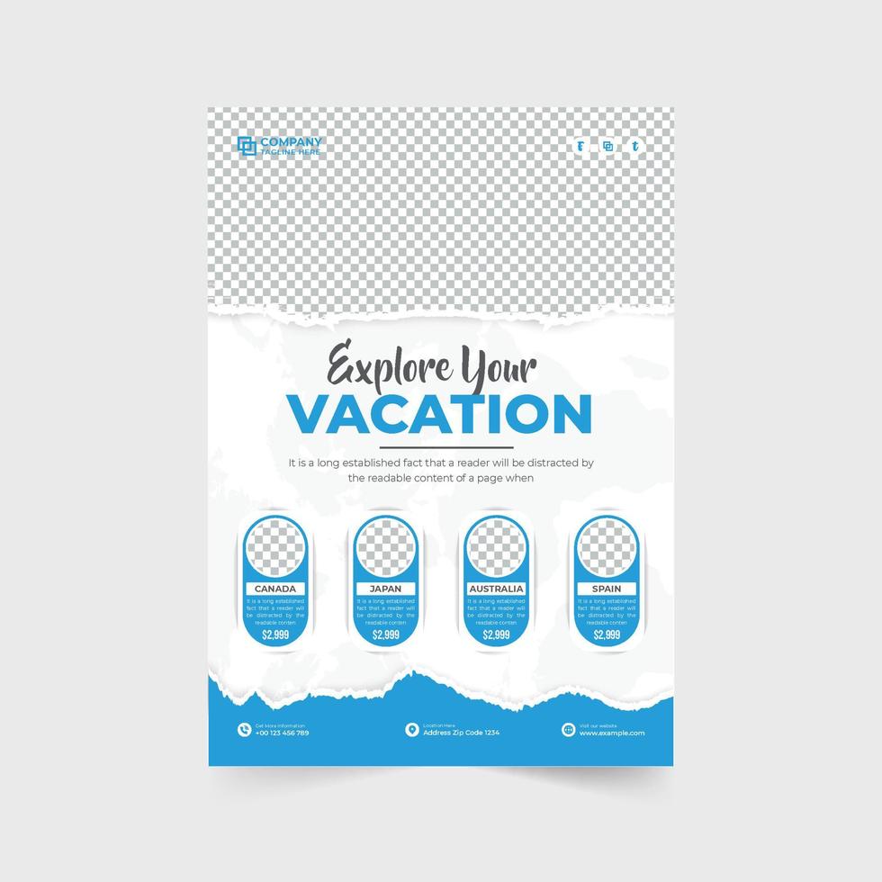 vacaciones planificador agencia volantes diseño con azul y naranja colores. excursión y viaje negocio folleto o póster decoración con descuento secciones y foto marcadores de posición turismo grupo promoción volantes. vector