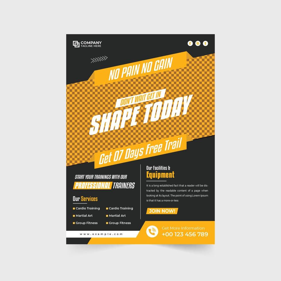 Creative bodybuilding and fitness gym management flyer template for marketing. Fitness training center advertisement poster layout design with photo placeholders. Gym fitness business promotion flyer. vector