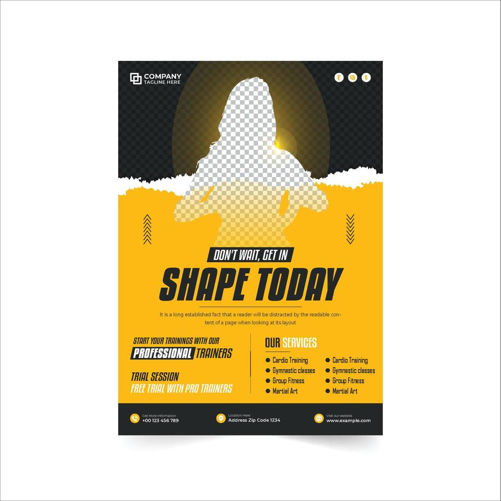 Fitness gym center promotional poster and flyer layout vector for marketing. Gym business advertisement flyer template with yellow and green colors. Fitness shop banner design for body building.