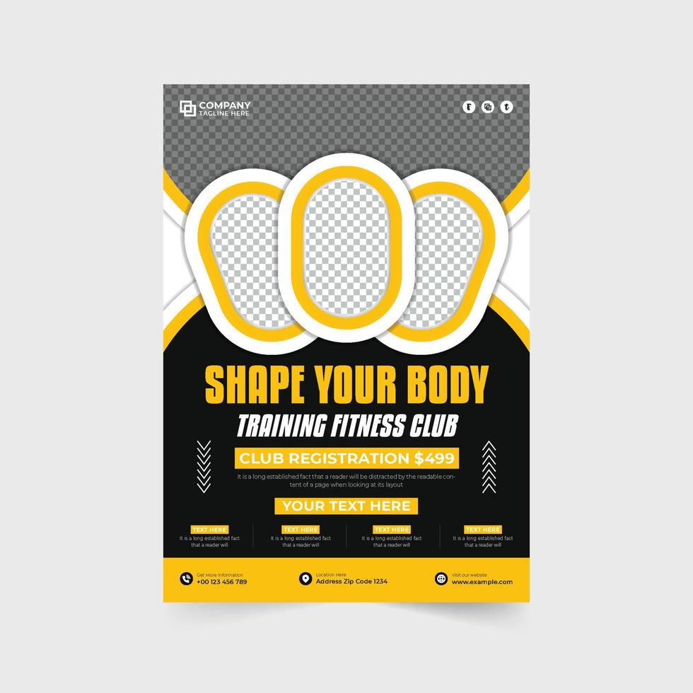 Creative gym management and promotional flyer vector with orange and yellow colors. Fitness training center flyer design for marketing. Professional body fitness business advertisement template vector