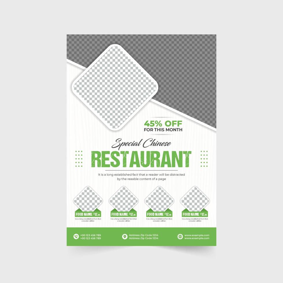 Restaurant food menu promotional flyer design with geometric shapes and photo placeholders. Modern restaurant advertisement flyer vector with green and red colors. Culinary food menu poster vector.