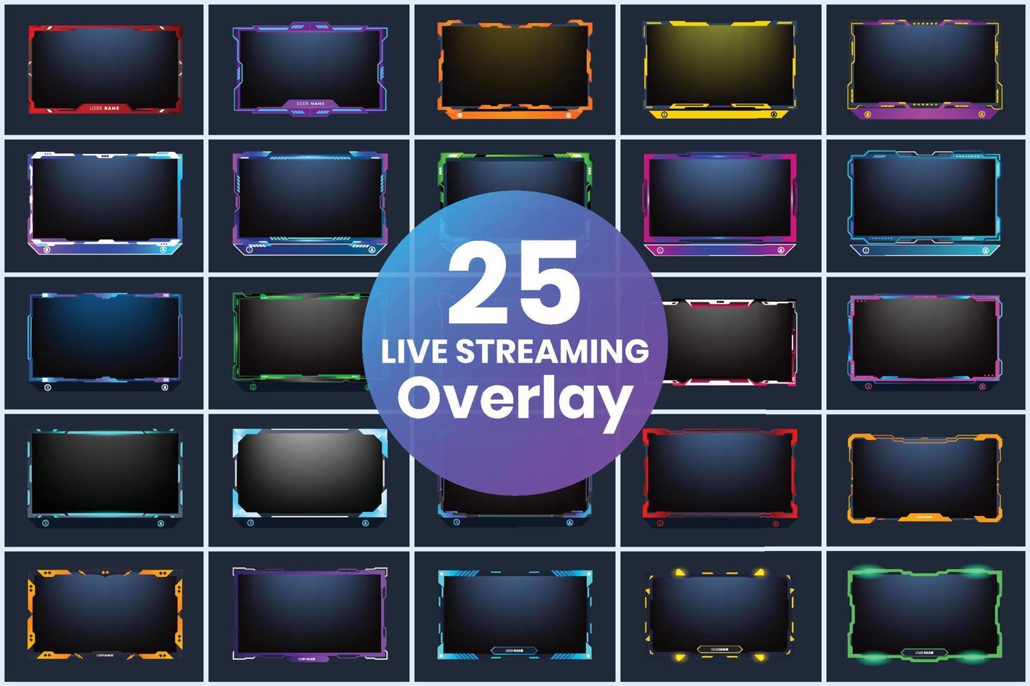 Live streaming overlay bundle design with futuristic neon effects. Modern live streaming screen overlay collection for online gamers. Futuristic broadcast screen frame set vector with creative shapes.