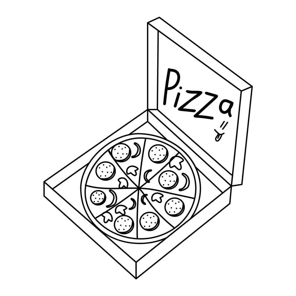 Pizza box icon. Vector illustration of pizza in box. Hand drawn pizza. Open box with delicious pizza. Vector illustration
