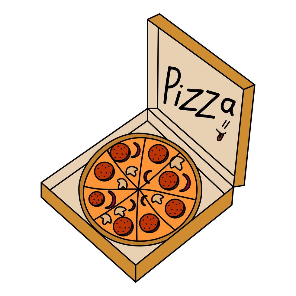 Pizza in an open box. Vector illustration. Vector illustration